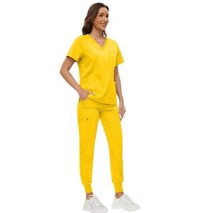 VIAOLI Scrubs for Women Set V-Neck Top 8 Pocket Jogger Scrub Pant Yellow Sz L